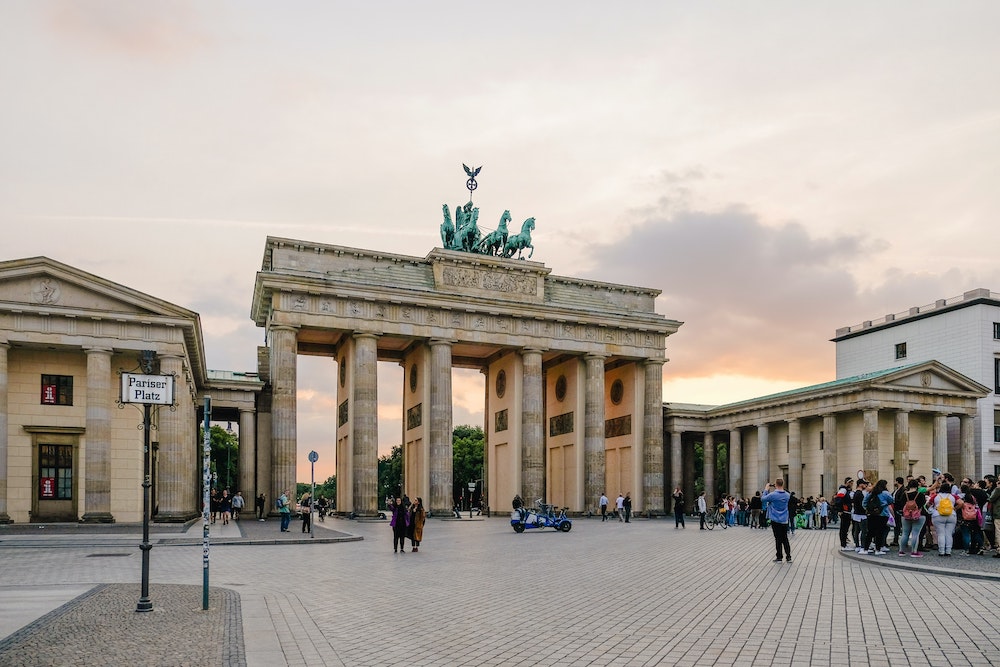 Photo of the majestic Brandenberg Gate in Berlin, a hotspot for tourists on holidays to Germany.