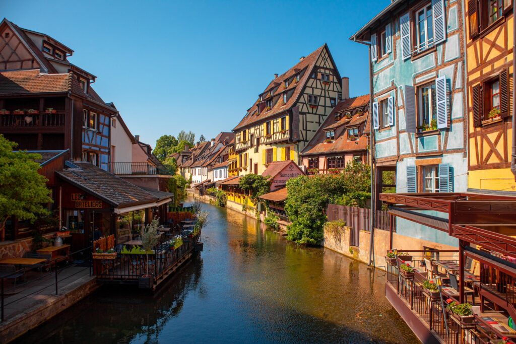 colourful houses lining Strasbourg canal.